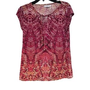 Liz Claiborne Pink Patterned Blouse with Cap Sleeves Tie Neck, Petite Size Small